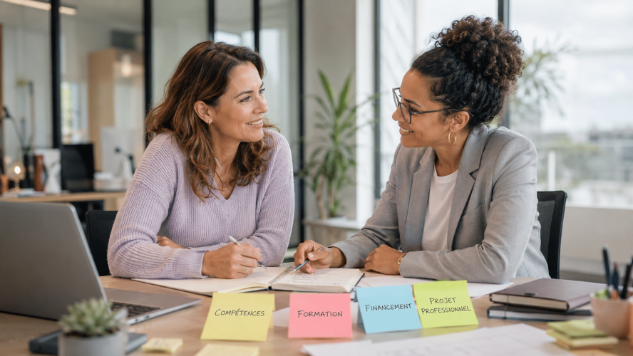 llustration éditoriale réaliste, ambiance conseil RH, transition professionnelle sécurisée.