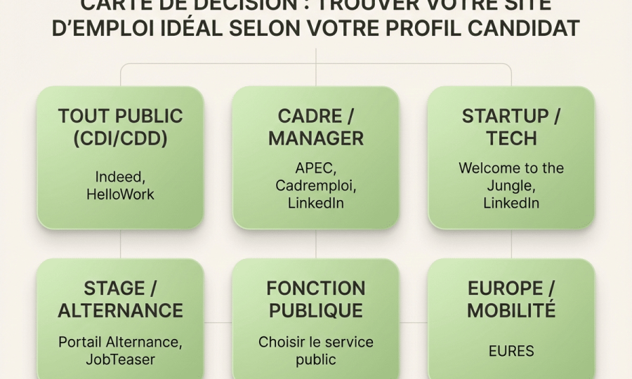 infographie claire, style éditorial, sans logos, avec 6 profils candidats et 2–3 sites recommandés par profil