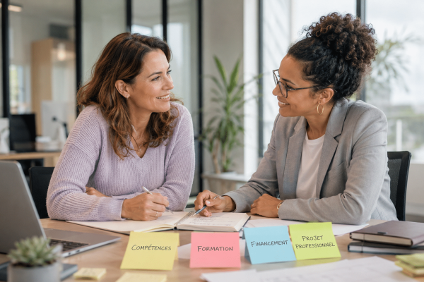 llustration éditoriale réaliste, ambiance conseil RH, transition professionnelle sécurisée.
