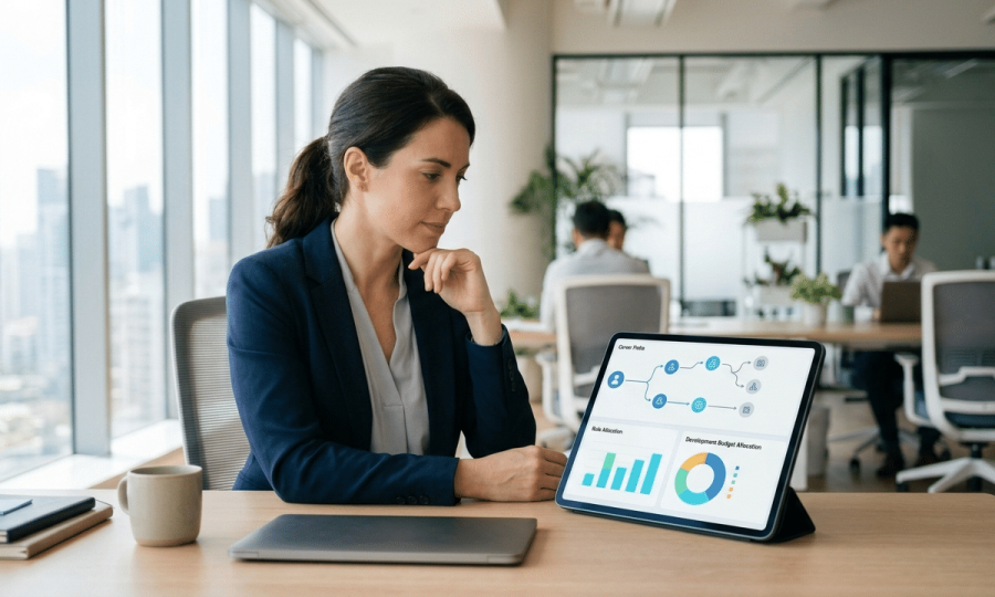 Professionnel regardant un tableau de bord budgétaire suite à la réforme CPF 2026