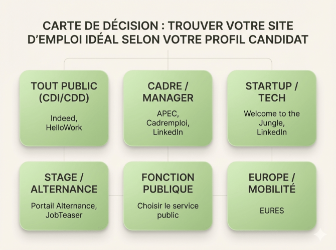 infographie claire, style éditorial, sans logos, avec 6 profils candidats et 2–3 sites recommandés par profil