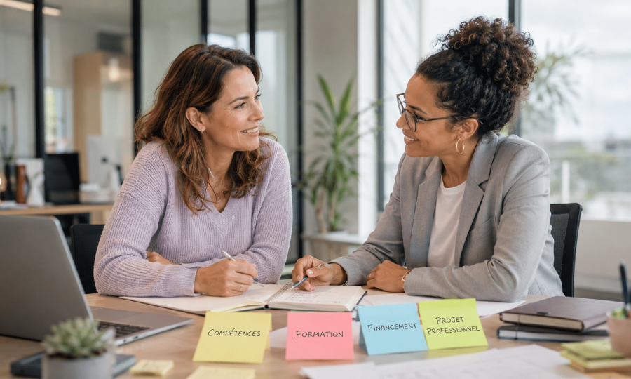 llustration éditoriale réaliste, ambiance conseil RH, transition professionnelle sécurisée.