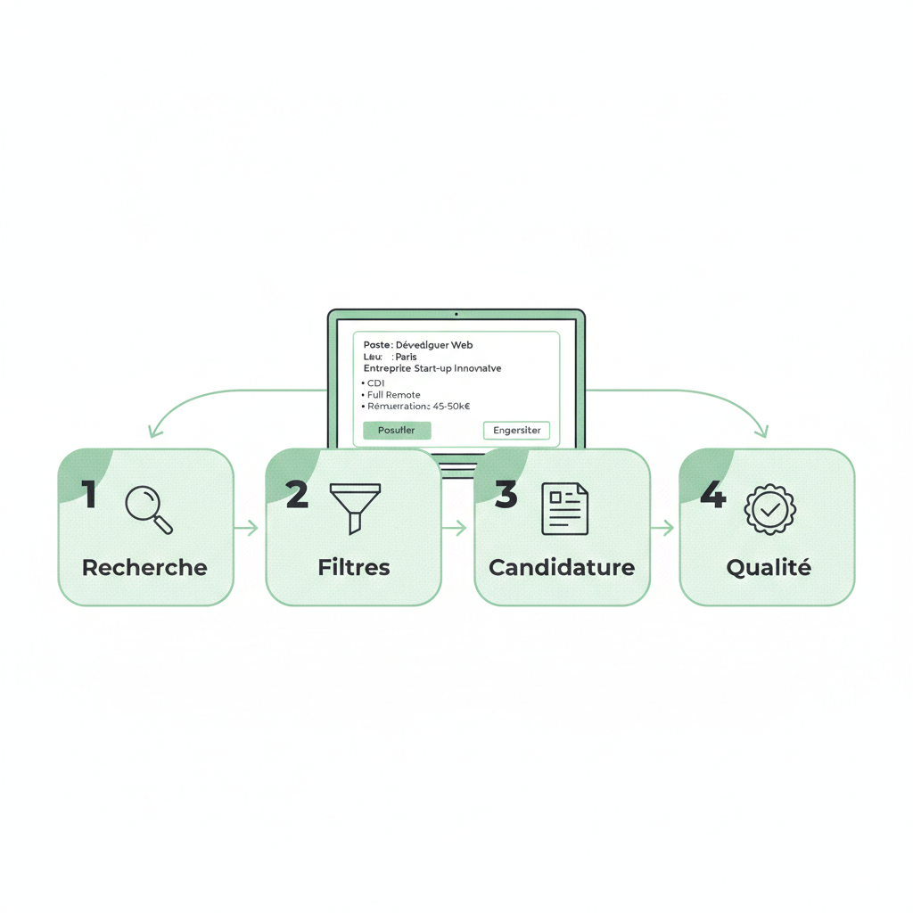 schéma simple avec icônes (loupe, filtre, formulaire, check), adapté mobile, sans marque.